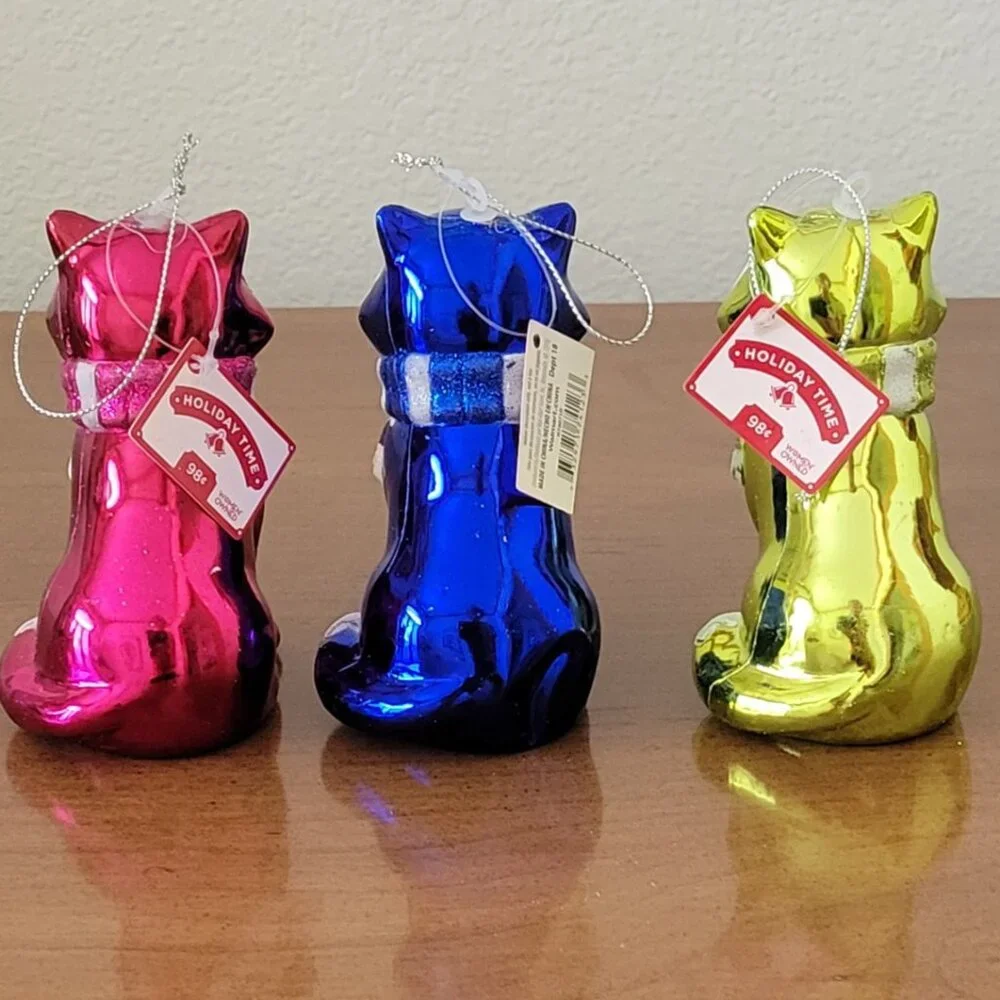 Holiday Time Set of 3 Fox with Glitter Scarf Shiny Christmas Ornaments NEW